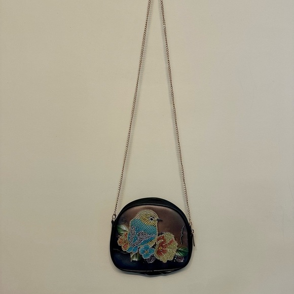Cute Blue Bird & Flower Embellished Black Crossbody Bag - Picture 2 of 6